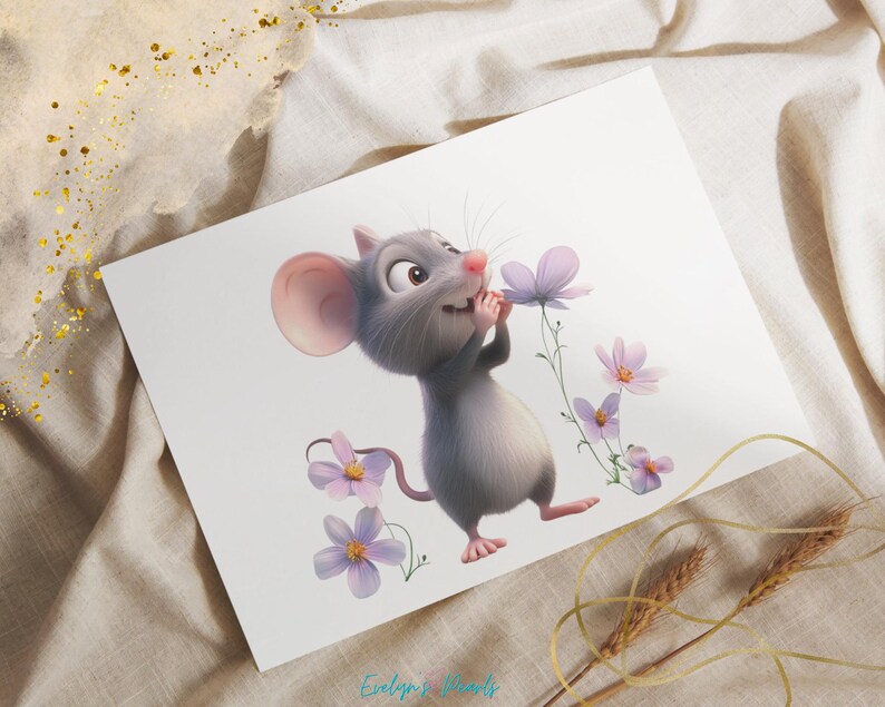 May include: A cartoon gray mouse with pink ears is sniffing a purple flower. The mouse is surrounded by purple flowers with green stems.