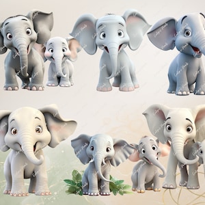 May include: A collection of cartoon-style elephants in various poses. The elephants are primarily gray and white, with large ears, trunks, and expressive eyes. Some have a smiling expression. The image has a soft, illustrated style, suitable for children's products.