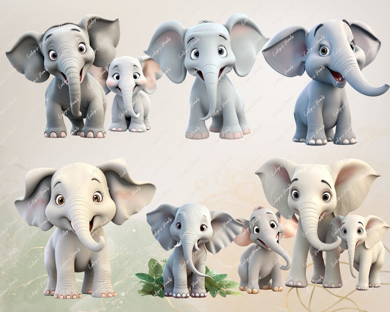 May include: A collection of cartoon-style elephants in various poses. The elephants are primarily gray and white, with large ears, trunks, and expressive eyes. Some have a smiling expression. The image has a soft, illustrated style, suitable for children's products.
