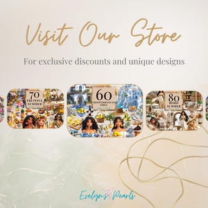 Showcase of Evelyn’s store banner with multiple clipart bundles like “Sweet Summer,” “Mediterranean Vibes,” “Boho Summer,” and “Cottage Garden.”