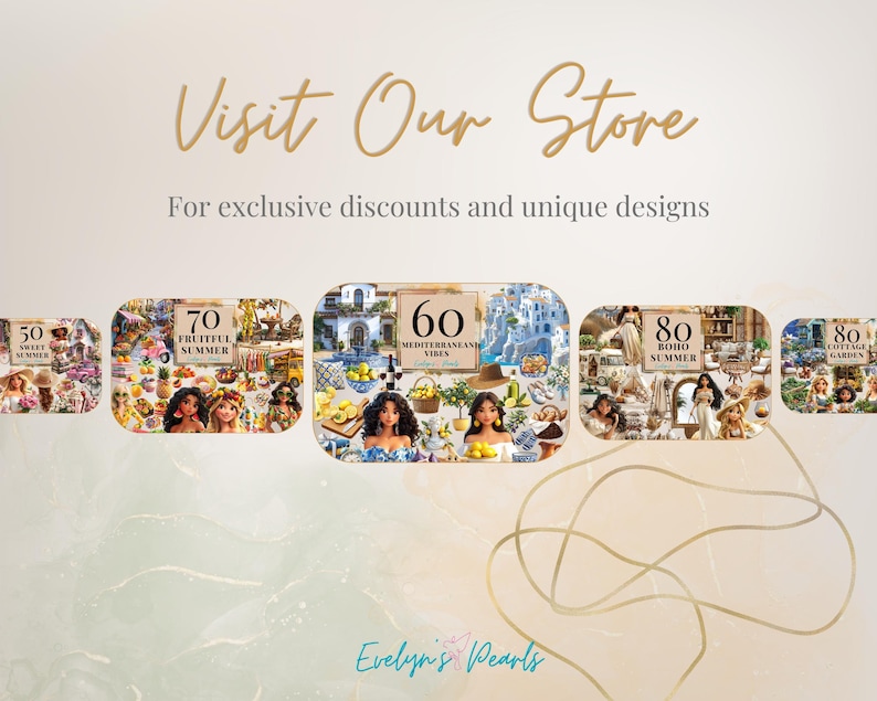 Showcase of Evelyn’s store banner with multiple clipart bundles like “Sweet Summer,” “Mediterranean Vibes,” “Boho Summer,” and “Cottage Garden.”