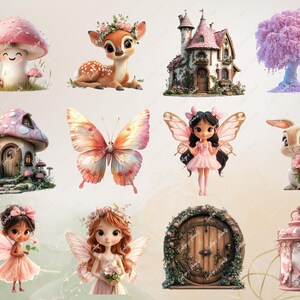 K&ouml;nnte beinhalten: Eine Sammlung von skurrilen Illustrationen mit einem rosa Pilzhaus, einem Reh mit einer Blumenkrone, einer Fee mit rosa Fl&uuml;geln und einem rosa Kleid, einem Schmetterling mit orangefarbenen und rosa Fl&uuml;geln, einem rosa und wei&szlig;en H&auml;uschen, einem rosa und wei&szlig;en Baum, einem Hasen mit rosa Ohren und einer rosa Blume, einer rosa und wei&szlig;en T&uuml;r mit Ranken, einer rosa und wei&szlig;en Laterne und einer Fee mit rosa Fl&uuml;geln und einem rosa Kleid.