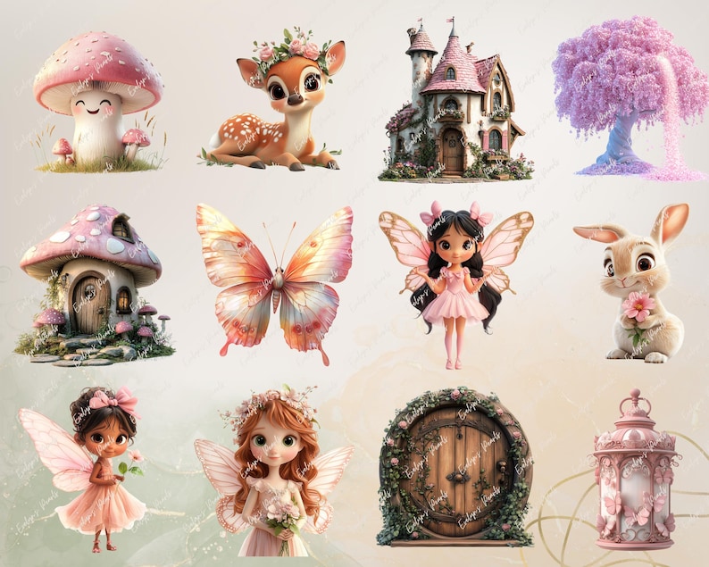 K&ouml;nnte beinhalten: Eine Sammlung von skurrilen Illustrationen mit einem rosa Pilzhaus, einem Reh mit einer Blumenkrone, einer Fee mit rosa Fl&uuml;geln und einem rosa Kleid, einem Schmetterling mit orangefarbenen und rosa Fl&uuml;geln, einem rosa und wei&szlig;en H&auml;uschen, einem rosa und wei&szlig;en Baum, einem Hasen mit rosa Ohren und einer rosa Blume, einer rosa und wei&szlig;en T&uuml;r mit Ranken, einer rosa und wei&szlig;en Laterne und einer Fee mit rosa Fl&uuml;geln und einem rosa Kleid.