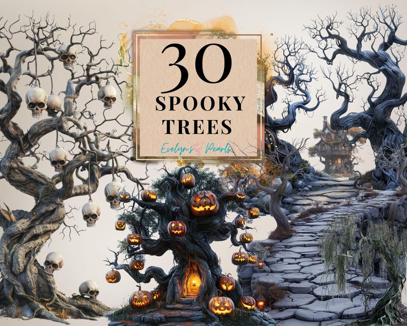 May include: A digital illustration of 30 spooky trees with skulls, pumpkins, and a cobblestone path leading to a small house. The text "30 SPOOKY TREES" is written on a brown rectangle with a watercolor background.