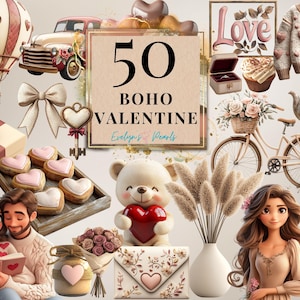 Clipart de San Valentín bohemio Feliz día de San Valentín PNG Clipart de amor Pareja PNG Clipart del día del amor Planificador de niña beige PNG / Uso comercial Clipart
