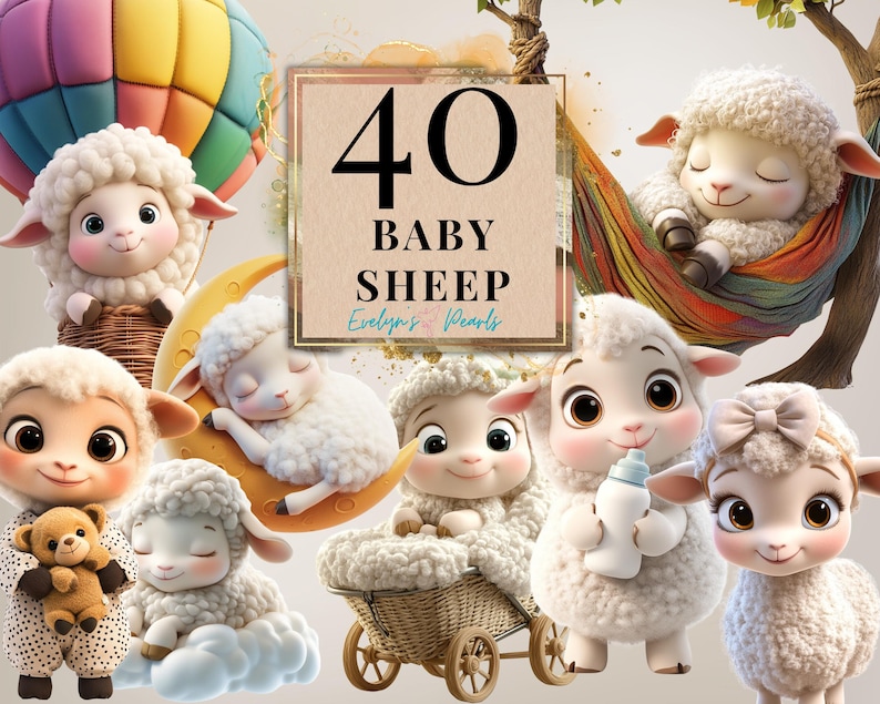 May include: A digital illustration of 40 cute baby sheep in various poses. The sheep are white with black eyes and noses. Some are sleeping, some are holding bottles, and some are sitting in a basket. The image is set against a watercolor background with a gold banner that reads "40 Baby Sheep".