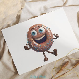 May include: A brown donut with blue and pink sprinkles, smiling with its eyes wide open and giving a thumbs up with each hand. The donut has legs and is standing on a white background.