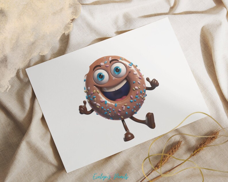 May include: A brown donut with blue and pink sprinkles, smiling with its eyes wide open and giving a thumbs up with each hand. The donut has legs and is standing on a white background.