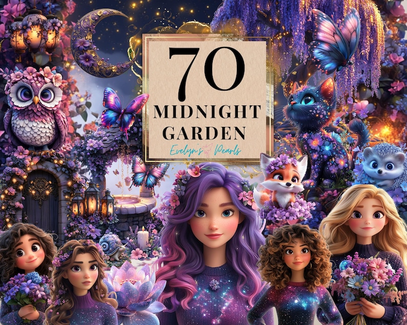 "70 Midnight Garden" featuring an enchanting night-time garden clipart Highlights include glowing lanterns, a crescent moon adorned with flowers, an intricate owl perched among blossoms, vibrant butterflies, fox, hedgehog, cat and girls