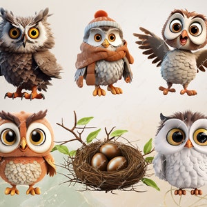 May include: Five cartoon owls with large eyes. One owl is wearing a brown scarf and a red and white hat. Another owl is wearing a brown scarf. One owl is sitting in a nest with three brown eggs. The owls are all facing forward.