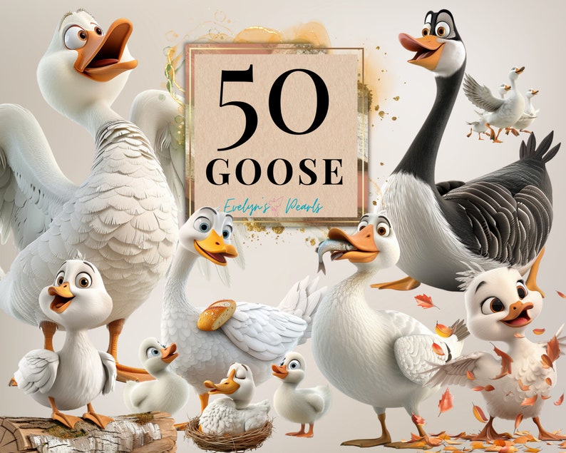 May include: A digital illustration of 50 cartoon geese in various poses. The geese are white, grey, and black with different expressions. The text "50 Goose" is written in a brown rectangle with a gold border. The text "Evelyns Pearls" is written in a smaller font below the text "50 Goose".