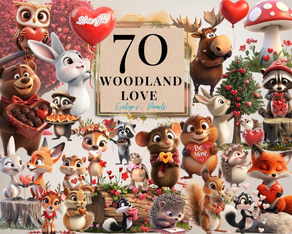 Valentines Day Clipart Woodland Animals PNG Animal Love Clipart Cute Animals PNG Sweet Valentine PNG  Love Clipart  | Commercial Use Clipart