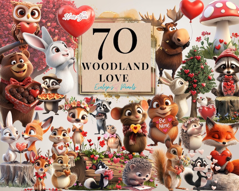 Op de afbeelding: Een verzameling van 70 illustraties van bosdieren met harten en Valentijnsdagthema's. De illustraties omvatten een verscheidenheid aan dieren zoals uilen, konijnen, vossen, eekhoorns, herten en egels. De illustraties zijn in cartoon-stijl en perfect voor gebruik in knutselen, scrapbooking en andere creatieve projecten.
