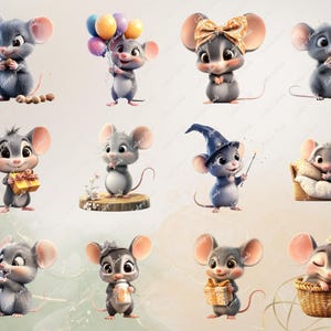 May include: A collection of ten cute cartoon mice in various poses. Some mice are wearing hats, others are holding gifts, and one is even sleeping in a bed. The mice are all gray and have big, black eyes.