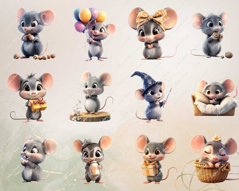 May include: A collection of ten cute cartoon mice in various poses. Some mice are wearing hats, others are holding gifts, and one is even sleeping in a bed. The mice are all gray and have big, black eyes.
