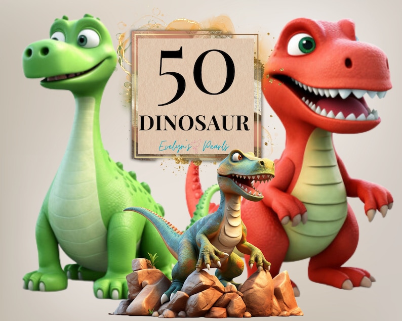May include: A colorful illustration of three cartoon dinosaurs. A green dinosaur with a long neck stands on the left. A red dinosaur with a toothy grin stands on the right. A blue dinosaur with a long tail stands in the center on a pile of rocks. A sign in the background reads "50 Dinosaur".