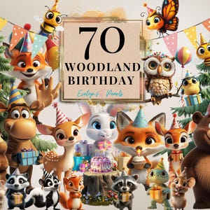 Niedliche Waldtiere Clipart 70 Geburtstagsparty PNG Bär, Fuchs, Eule PNG | Kommerzielle Nutzung Clipart