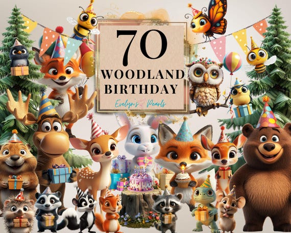 Woodland Birthday Clipart Woodland Animals PNG Cute Forest Animals Clipart 70 Birthday Party PNG Bear, Fox, Owl PNG | Commercial Use Clipart