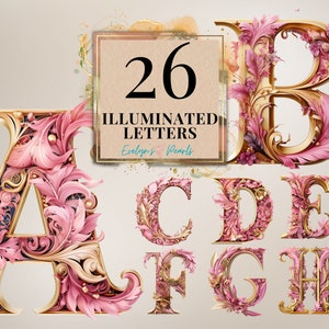 Pacote de clipart de letras iluminadas 26 clipart de alfabeto inglês letras florais rosa png cartão clipart | clipart de uso comercial transparente