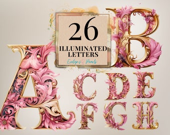 Illuminated Letters Clipart Bundle 26 English Alphabet Clipart Pink Floral Letters PNG Card Clipart | Commercial Use Clipart Transparent