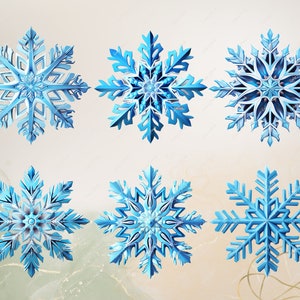 Op de afbeelding: Zes blauwe sneeuwvlokversieringen met ingewikkelde ontwerpen. De sneeuwvlokken zijn 3D en hebben een matglazuurd uiterlijk.