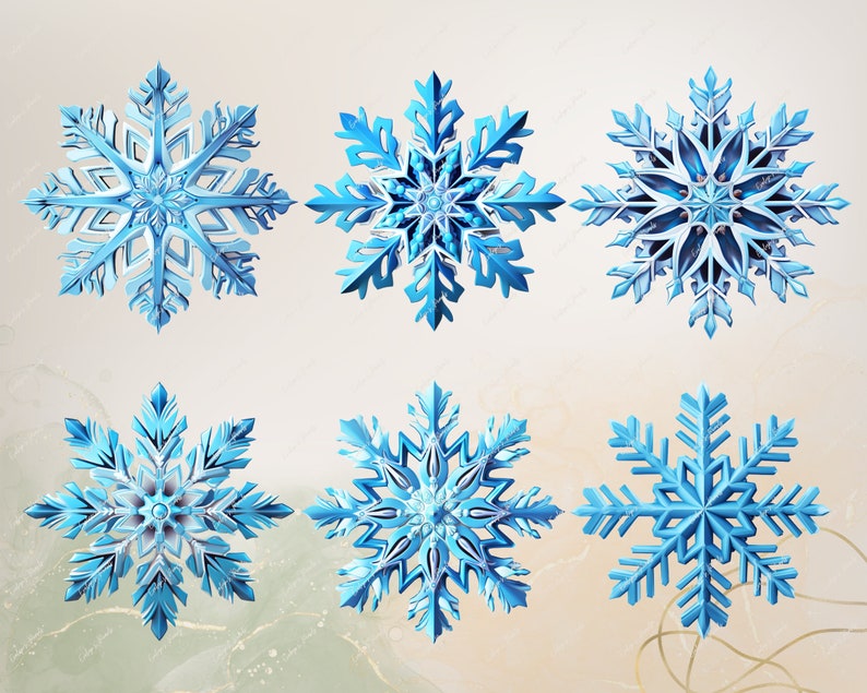 Op de afbeelding: Zes blauwe sneeuwvlokversieringen met ingewikkelde ontwerpen. De sneeuwvlokken zijn 3D en hebben een matglazuurd uiterlijk.