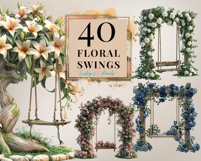 May include: 40 Floral Swings by Evelyn's Pearls.  A collection of three floral swing sets.  One swing set is made of white flowers, another is made of pink flowers, and the third is made of blue flowers.