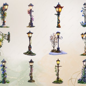 May include: A collection of ornate street lamps with various designs. Some are adorned with flowers and vines, while others feature intricate metalwork and decorative bases. The lamps have warm, glowing lights, creating a whimsical and inviting atmosphere.