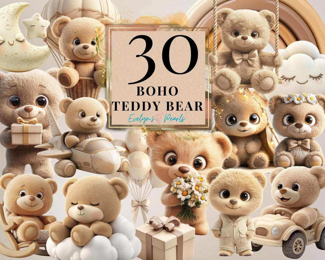 Boho Teddy Bear Clipart Boho Baby Shower PNG Neutral Baby Shower PNG ...