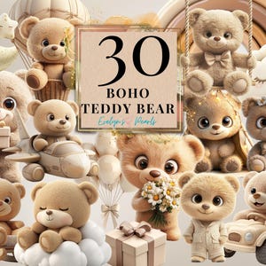 Boho Teddy Bear Clipart Boho Baby Shower PNG Neutralny Baby Shower PNG Urodziny Clipart Sztuka ścienna do pokoju dziecięcego | Użytek komercyjny Clipart Przezroczysty