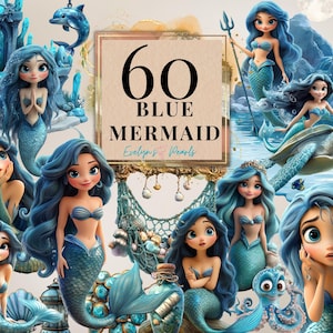 Petite sirène Clipart Jolie sirène bleue PNG Sous la mer Clipart créatures de la mer PNG Conte de fées, plage | Clipart à usage commercial transparent