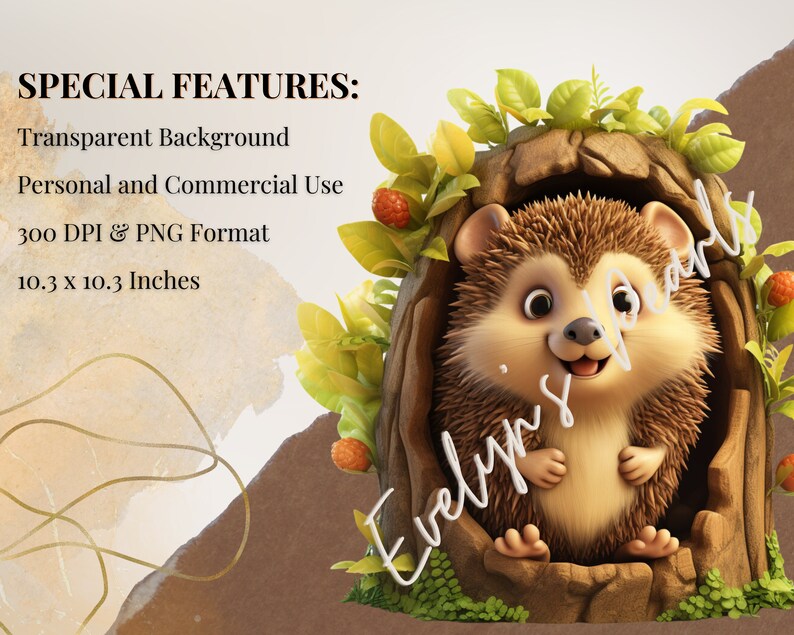 May include: A cartoon hedgehog with brown fur and a happy expression is peeking out of a tree trunk. The hedgehog is surrounded by green leaves and red berries. The image has a transparent background.
