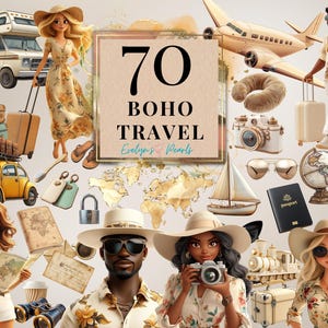 Boho voyage Clipart beige voyage PNG vacances d'été Clipart voyage fille, avions, navires PNG vintage Planner Clipart | Clipart à usage commercial