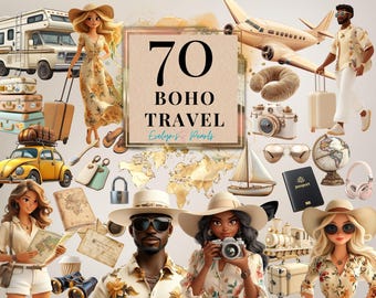 Boho Travel Clipart Beige Travel PNG Summer Vacation Clipart Travel Girl, Planes, Ships PNG Vintage Planner Clipart | Commercial Use Clipart