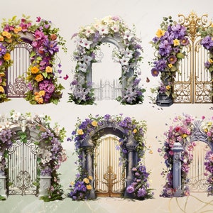 May include: Six ornate archways decorated with colorful flowers and vines. Each archway features a different style of gate, including a white wooden gate, a gold metal gate, and a blue metal gate.