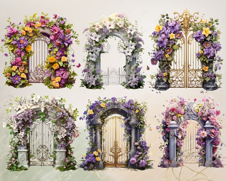 May include: Six ornate archways decorated with colorful flowers and vines. Each archway features a different style of gate, including a white wooden gate, a gold metal gate, and a blue metal gate.