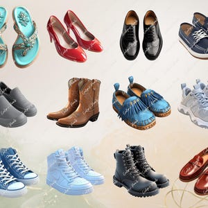 May include: A collection of various shoes, including sandals, boots, sneakers, loafers, and slip-ons. The shoes are in a variety of colors, including blue, red, brown, and gray.