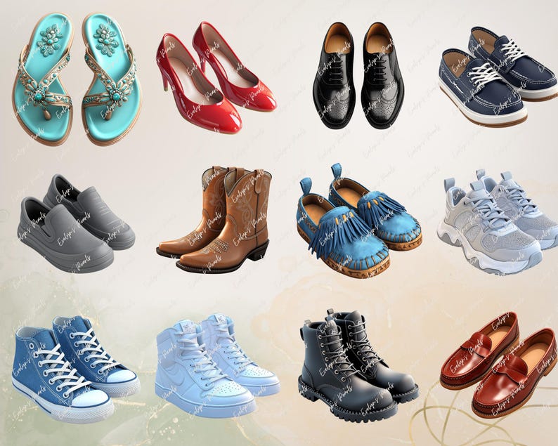 May include: A collection of various shoes, including sandals, boots, sneakers, loafers, and slip-ons. The shoes are in a variety of colors, including blue, red, brown, and gray.