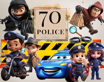 May include: A digital illustration featuring cartoon characters of police officers, a motorcycle, a police car, and a thief. The image includes the text "70 POLICE" on a sign. The color palette includes blue, black, red, and yellow.