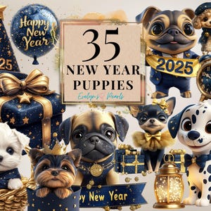 New Year Clipart Puppies PNG Dog Breeds Clipart Animals New Year PNG 2025 Celebration Clipart Pets PNG  | Commercial Use Clipart Transparent