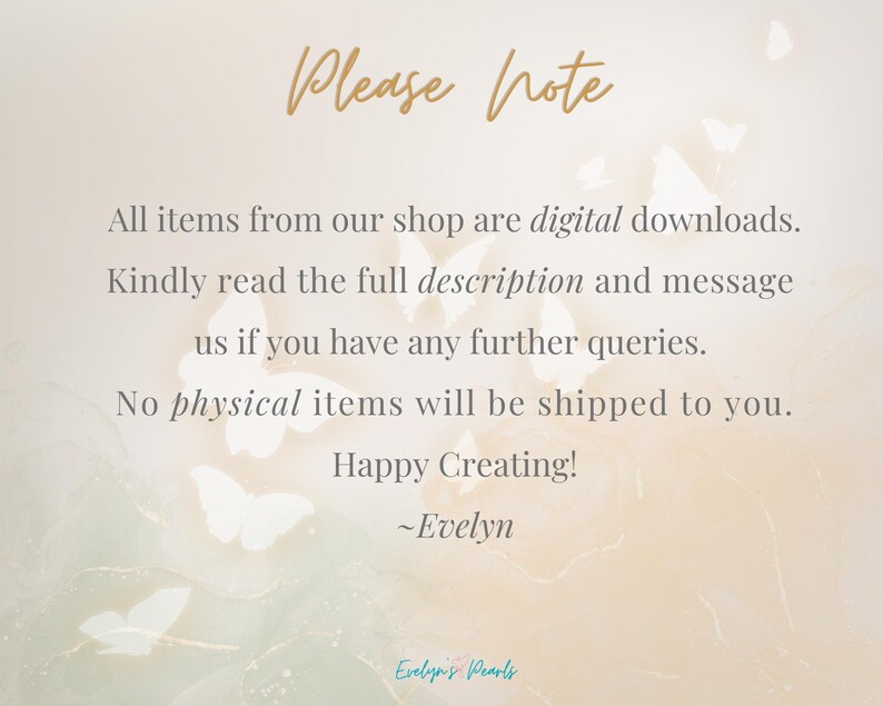 Image 10: "A pastel-colored announcement emphasizing that all shop items are digital downloads with a message from Evelyn, surrounded by elegant butterfly designs."