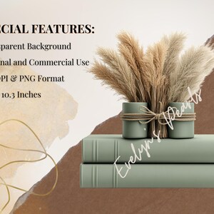 May include: Two stacked sage green books with a vase of dried pampas grass on top. The vase is wrapped with twine and has a rustic look. The image has a text overlay that says "Evelyn's Pearls".