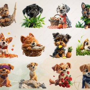 May include: A collection of 10 adorable cartoon dog illustrations. The dogs are depicted in various poses and settings, including a dog in a hammock, a dog sleeping in a basket, a dog holding a pineapple, and a dog wearing a scarf. The illustrations are colorful and whimsical, and they would be perfect for use in a variety of projects, such as greeting cards, children's books, or social media posts.