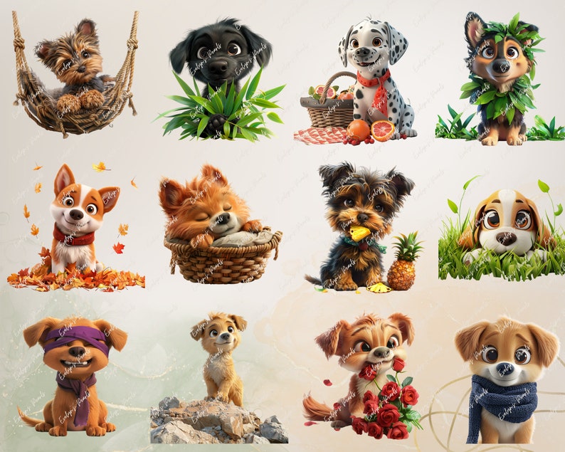 May include: A collection of 10 adorable cartoon dog illustrations. The dogs are depicted in various poses and settings, including a dog in a hammock, a dog sleeping in a basket, a dog holding a pineapple, and a dog wearing a scarf. The illustrations are colorful and whimsical, and they would be perfect for use in a variety of projects, such as greeting cards, children's books, or social media posts.
