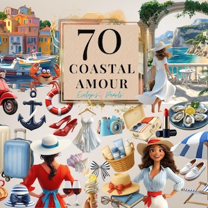Clipart di amore costiero, Riviera Francese, PNG, Clipart di estate mediterranea, PNG di spiaggia nautica, adesivi per diario di rifiuti, PNG / Clipart per uso commerciale