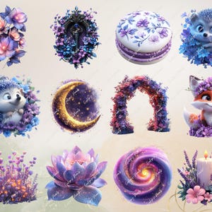 May include: A collection of whimsical digital illustrations featuring floral arrangements, a hedgehog, a fox, a crescent moon, a macaron, a candle, and a spiral design. The color palette includes shades of purple, pink, and blue.