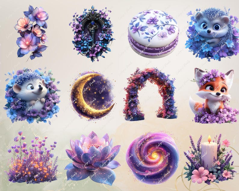May include: A collection of whimsical digital illustrations featuring floral arrangements, a hedgehog, a fox, a crescent moon, a macaron, a candle, and a spiral design. The color palette includes shades of purple, pink, and blue.