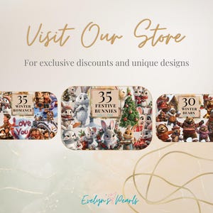 May include: Three sets of digital nail art designs featuring winter themes. The first set is titled "35 Winter Romance" and features a variety of winter scenes, including a couple holding hands, a snowman, and a winter forest. The second set is titled "35 Festive Bunnies" and features a variety of bunnies wearing winter clothes and hats. The third set is titled "30 Winter Bears" and features a variety of bears wearing winter clothes and hats.