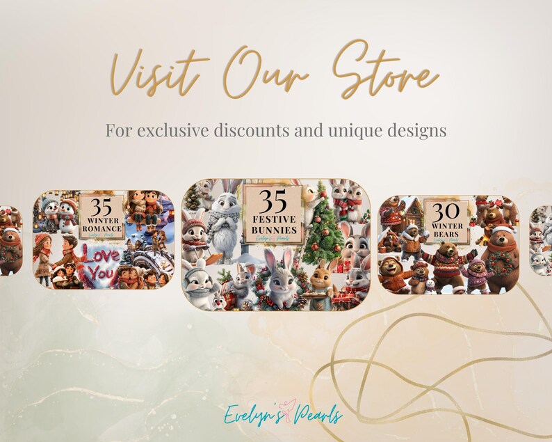 May include: Three sets of digital nail art designs featuring winter themes. The first set is titled "35 Winter Romance" and features a variety of winter scenes, including a couple holding hands, a snowman, and a winter forest. The second set is titled "35 Festive Bunnies" and features a variety of bunnies wearing winter clothes and hats. The third set is titled "30 Winter Bears" and features a variety of bears wearing winter clothes and hats.