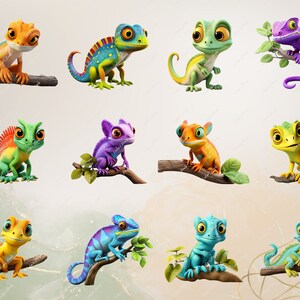 May include: A collection of ten cartoon chameleon figurines, each with a different color and pose. The chameleons are sitting on branches with green leaves.